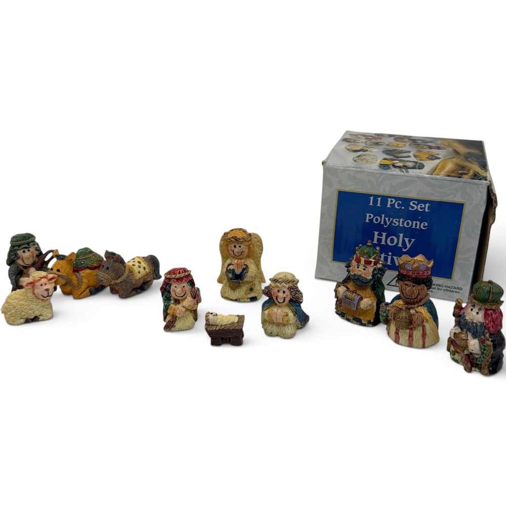 Vintage Giftco 11 Pc Polystone Holy Nativity Set Mini Folk Art Figurines Boxed